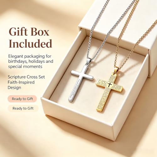 Three sets Steel Cross Necklace with Lord's Prayer, Stainless Steel, Silver, 24 Inches, Ball Chain,gift christian, Polished Finish, Military Theme, Religious Crucifix Pendan,fou gift box - color: Silver-gold