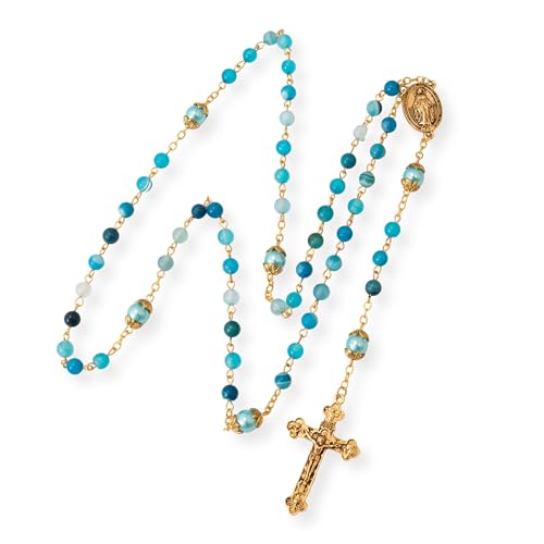 Nazareth Store Catholic Rosary Necklace Matte Stone Beads Green Pearl Round Beads Miraculous Medal & Cross - Velvet Bag - color: Blue
