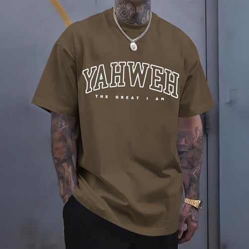 Christian Jesus Shirts for Men Religious God Yahweh Faith Shirt Bible Verse Vintage Oversized Graphic Tees Cotton Top - color: Brown, size: Small
