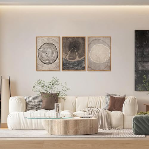CHDITB Beige Tree Ring Framed Canvas Wall Art Set, Modern Wood Stump Wall Decor, Abstract Black and White Wall Painting, Neutral Nature Art Print for Living Room, Bedroom, Office - 16"x24"x3 - color: Beige Tree Ring, size: 16"L x 24"W