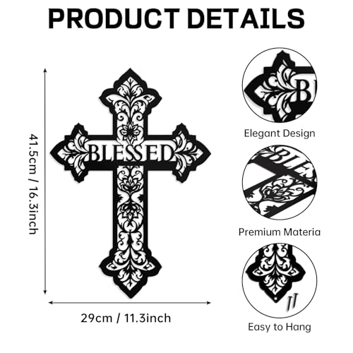 Hnatzu Cross Wall Decor – Blessed Floral Metal Art – Christian Home & Wall Blessing Decor for Indoor - color: Blessed