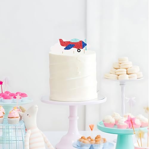 Airplane Cake Topper, Airplane Birthday Cake Decor, Red Glitter How Time Files Cake Topper for Kids, Plane Travel Themed Birthday/Baby Shower Party Decoration - style: Airplane