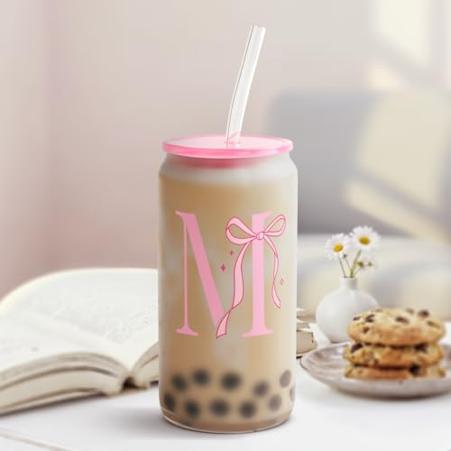 SANDJEST Monogrammed Glass Drinking Can Cup with Acrylic Lid and Straw, Personalized Frosted Iced Coffee Tumbler 16oz, Monogram Initial Gifts for Women Girls on Birthday (M) - color: M