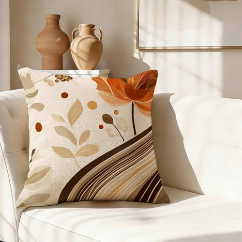 Modern Geometric Line Art Throw Pillow Cover,Orange and Beige Abstract Floral and Bohemian Plant Decorative Pillow Case,Neutral Botanical Cotton Linen Cushion Case for Home Decor 18 * 18 Inch - color: Settype03