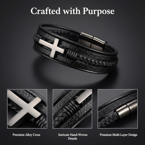 Stainless Steel Braided Leather Bracelet for Men Cuff Bangle Cross - color: 1-black