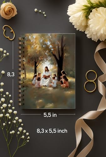 bitCNY Christian Notebook 5.5x8.3 Inches – Jesus with Children Illustrated Faith Journal, Religious Spiral Notebook for Bible Study or Gifts - color: white-Jesus with Children
