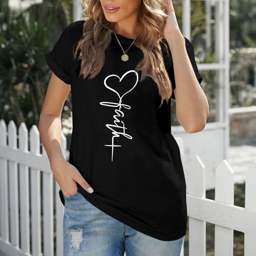 KIEKIECOO Faith Christian Shirts for Women Religious Crewneck Tshirts Cotton Graphic Tees Bible Verse Casual Summer Tops - color: Black, size: Large