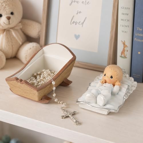 Precious Moments Baby in Cradle Baptism Rosary Box with White Rosary - Boy