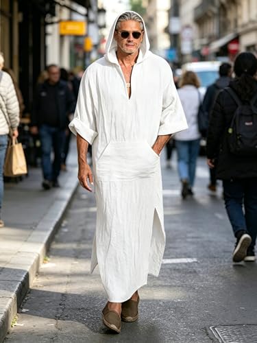 Jacansi Men's 65% Cotton 35% Linen Kaftan Thobe, Long Sleeve Casual Arabic Robe, Loose Long Gown with Pockets - color: 3# White, size: Medium