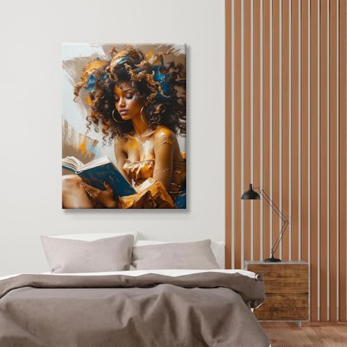 Framed Canvas Wall Art Reading Black Women Painting Print Abstract Poster Gallery Style Modern Figurative Picture 16x24 Inch Ready To Hang - color: Black women, size: 16x24 inch