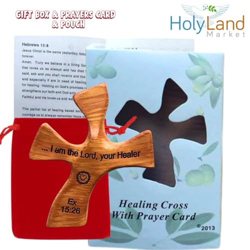 Holy Land Market Healing Cross, Handheld Palm Prayer Cross, Gift Box, Brown - color: Natural Wood
