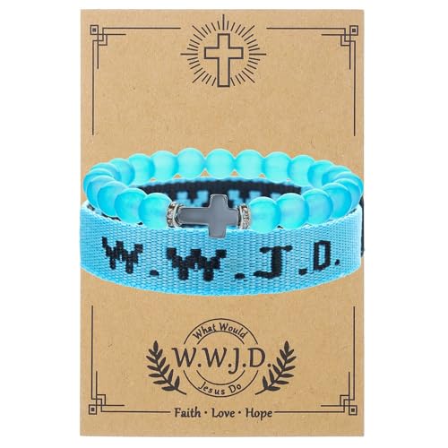WWJD What Would Jesus Do Christian Stackable Bracelet Set for Women Men, Inspirational Faith Cross Beaded Elastic Wristbands, Religious Bible Verse Jewelry Gift for Church - color: Blue 2pcs