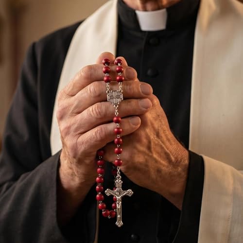 24 sets Rose Scented Catholic Rosaries Necklaces Wooden Beads Rosary Necklace Religious Rosary Jesus Cross Catholic Gifts Holy Rosaries in Bulk with Gift Boxes for Prayer Men Women - color: Red