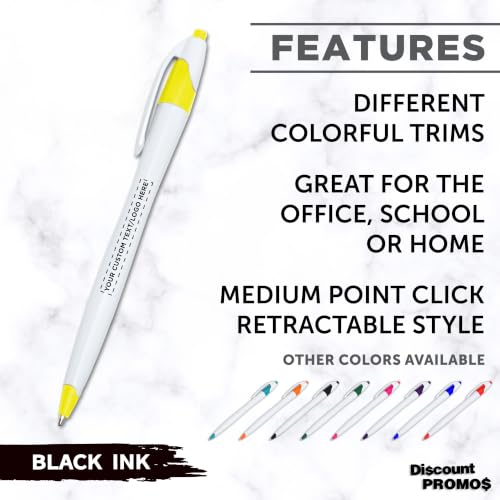 DISCOUNT PROMOS Personalized Ballpoint Pens, Bulk Packs of 4 to 5000 Pieces, Black Ink, Slim & Curvy Design, Retractable, Ideal for Office, Corporate Merchandise, Tradeshows - Yellow - color: - Custom - Yellow, size: Pack of 1 (Count options: 4–5,000)