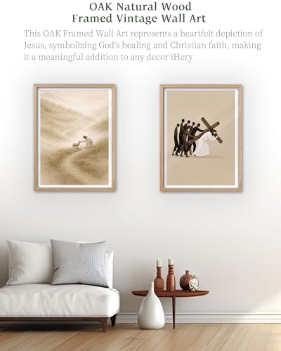 iHery 12x16in Jesus Carrying the Cross Framed Christian Wall Art - color: OAK Framed Cross, size: 16"L x 12"W