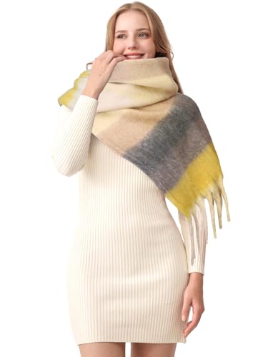 HOTIAN Women's Large Scarf Colorful Chunky Plaid Scarves Soft Winter Thick Tassel Warm Wrap Shawl - color: Khaki