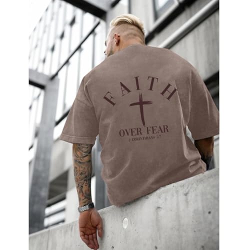 Christian Faith Over Fear Shirt for Men Cross God Oversized T-Shirt Inspirational Jesus Religious Short Sleeve Tops - color: Brown, size: Large