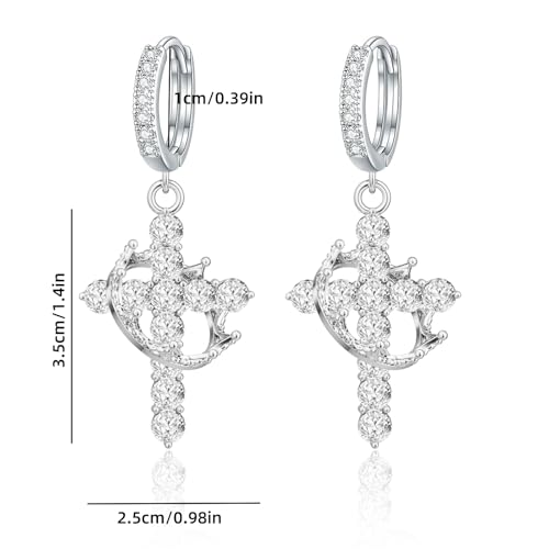 Crown Cross Earrings for Women Gold Cross Hoop Earrings Silver Crystal Crown Huggie Earring Dainty Cute Religious Dangle Earring Trendy Jewelry Accessories - color: silver