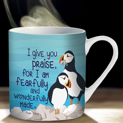 Christian Coffee Mug with Gift Box, 12 oz Ceramic, with Bible Verse - color: Blue / Puffins