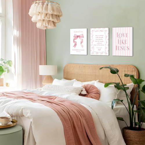 Coquette Pink Bow Wall Art Set of 3, Light Pink Christian Wall Decor Pictures, Jesus Verses Bible Canvas Posters Paintings Preppy Prints for Teen Girls Dorm 12 Year Old Girl Room 12x16 Inch Framed - color: Jesus Bow, size: 16"L x 12"W