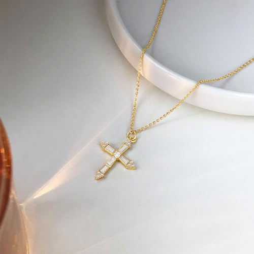 Partm Gold Cross Necklace for Women 14K Plated Dainty Pendant Cross Chain Faith Crucifix Choker Baptism Necklace for Women Trendy Religious Jewelry Hypoallergenic - color: Sword Cross-CZ-Gold