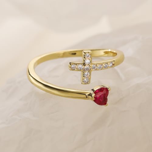 14K Gold Plated CZ Cross Heart Ring Eternity Promise Jewelry for Her - style: Rose Red Stone