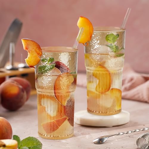 Joeyan 22 oz Amber Glass Tumbler with Straw and Lid,Ribbed Glasses Cups - color: Amber colored glass tumbler