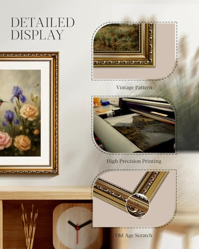 HUARCEY Vintage Gold Framed Floral Bird Canvas Wall Art 13x16 Inch - color: Hummingbird Rose, size: 16"L x 13"W