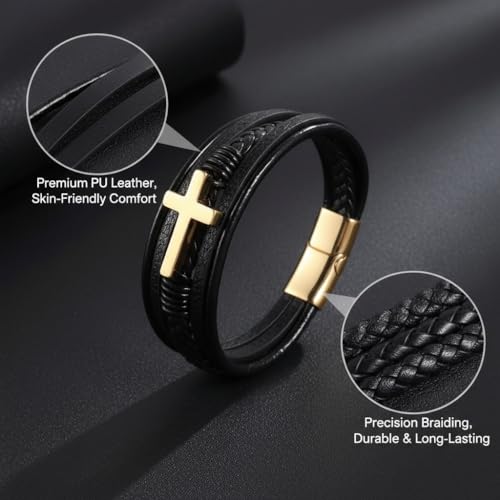 Stainless Steel Braided Leather Bracelet for Men Cuff Bangle Cross - color: 1-gold