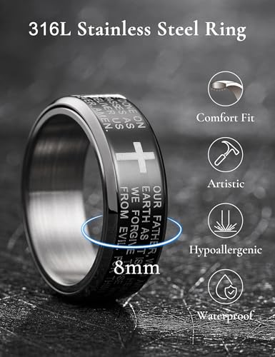 King Will 8mm Black/Gold/Silver Prayer Stainless Steel Ring - color: Silver & Black