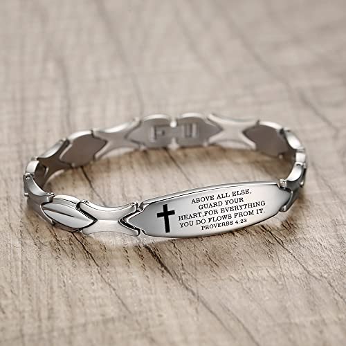 LinnaLove Bible Verse Bracelet - 316L Stainless Steel Silver Religious Gift for Her - style: Guard Your Heart - Proverbs 4:23