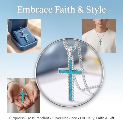 MRENITE Silver Natural Stone Cross Necklace, Classic Latin Cross Pendant Necklace for Unisex Women Man, Vintage Crystal Quartz Cross Necklace with 20+2 Inches Adjustable Cuban Chain - style: Turquoise