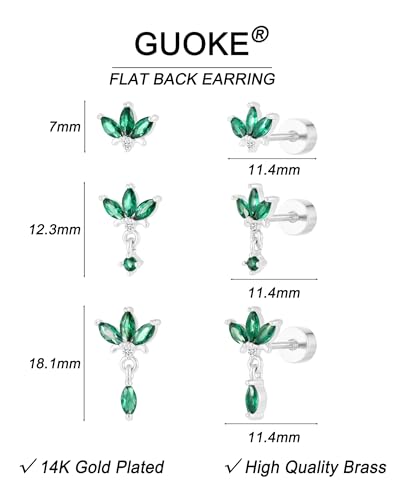 3 Pair Tiny Flat Back Earrings for Women - 14K Gold/White Gold Plated Dainty Cute Small Screw Flatback Stud Earring, Everyday Wear Gift - color: Silver-Green Marquise Flat 7/13/18mm