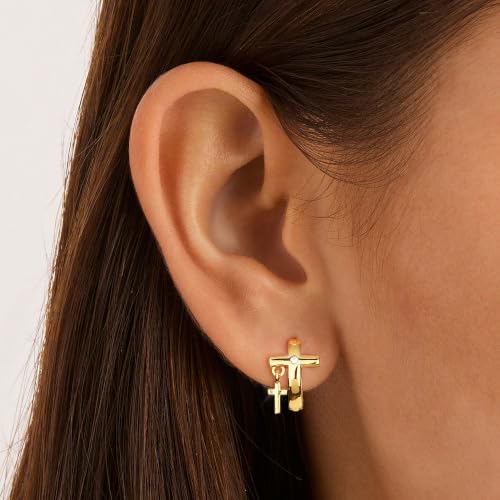 14K Gold Cross Huggie Earrings for Women Hoop Small Cross Earring - color: Tiny Gold Cross Hoop Earring
