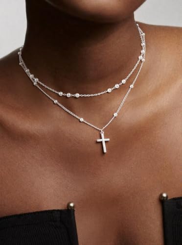 Cross Necklace for Women - Dainty 14K Real Silver Gold Plated Layered Pendant Necklace Stack Simple Trendy Cute Charm Choker Necklaces Jewelry Gift for Teen Her - style: Bead Set Silver