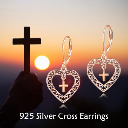 Cross Earrings for Women S925 Sterling Silver Heart Cross Dangle Drop Earrings Faith Religious Jewelry for Women - color: Rose Gold