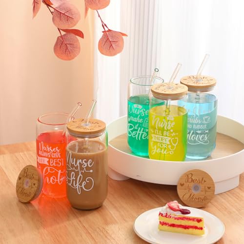 Tioncy 8 Pcs Employee Gifts 16oz Glass Cups Bamboo Lid Straw, Nurse - style: Nurse