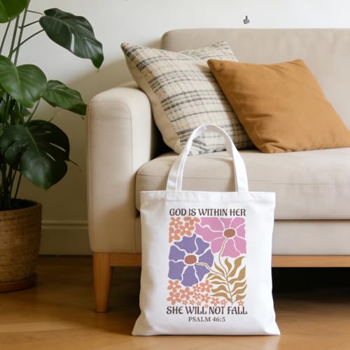 Christian Tote Bag Religious Gifts Canvas Bags for Women Men Shopping Work Gym Picnic Travel - color: God is Within Her She Will Not Fall Psalm 46:5