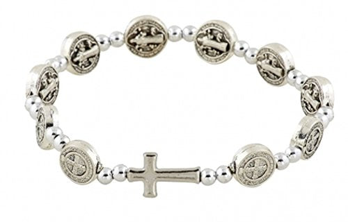 Silver Tone Saint Benedict Medal Prayer Bead Rosary Stretch Bracelet, 7 1/2 Inch