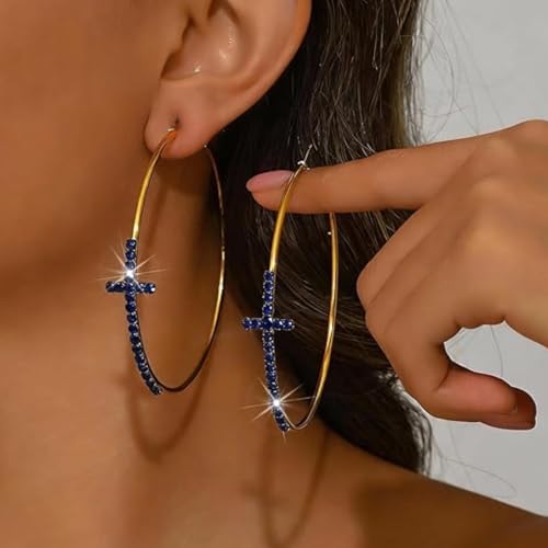 Large Cross Hoop Earrings for Women Sparkly Rhinestone Statement Jewelry for Prom Wedding Party Night Out Accessories Shiny Silver Tone Fashion Dangle Earings - color: Blue