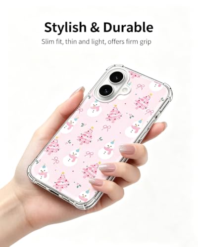 Pink Christmas Trees Snowman Bows Phone Case Compatible with iPhone 17, Cute Girly Winter Phone Cover for iPhone 17 - color: Pink Trees Snowman