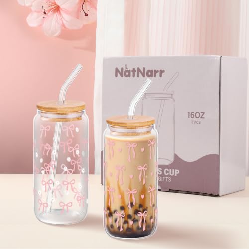 2 Pcs Cute Pink Bow Glass Cups with Lid and Straws Preppy Stuff For Girls - style: Pink Bow
