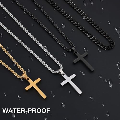 Fiusem 2 Pcs Cross Necklace Chain for Men and Women, Layered Mens Cross Necklaces Stainless Steel Pendant Cuban Link Rope Chain 16-26 Inch, Jewelry Gift - size: 16in/18in, style: Rope & Cuban Small Black Cross (1.2" * 0.7")