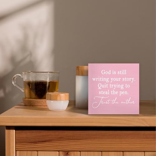 Luipk God Is Still Writing Your Story,Wood Box Sign Desk Decor, Christian Scripture Bible Verse Prayer Room Pink Wooden Block Sign Decorations for Home Office Wall Tabletop Shelf Decor - color: Pink, size: 5 x 5 in