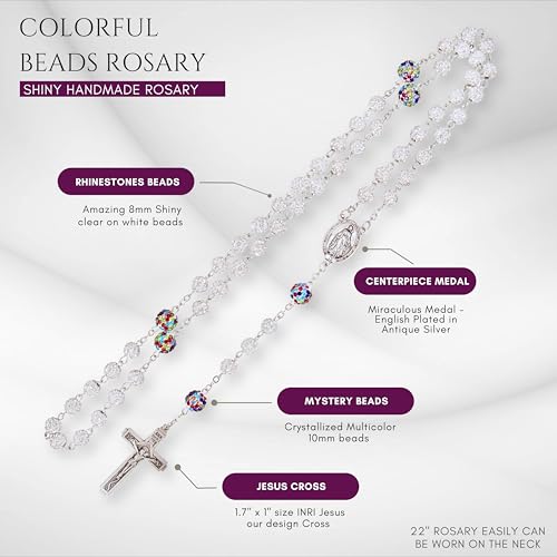 Nazareth Store Rhinestones Crystal Beads Rosary, Catholic Rosary Necklace with Silver Miraculous Medal INRI Crucifix, Multicolor Rosaries in a Gift Case - color: White with Colorful Beads