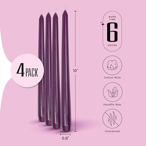 Leor & Lair Dark Purple Taper Candles, 4 Pack, 10" Unscented Candle Sticks - color: Purple