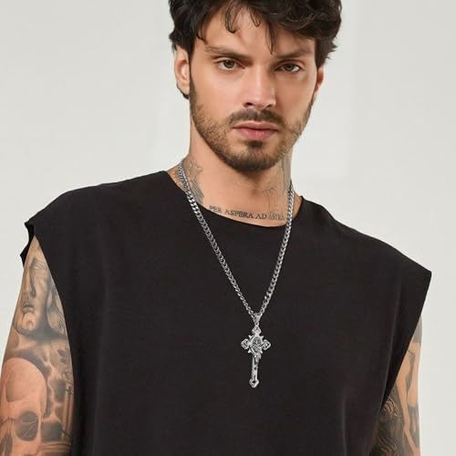 HZMAN Stainless Steel St. Benedict Crucifix Cross Necklace for Men - color: Large Silver