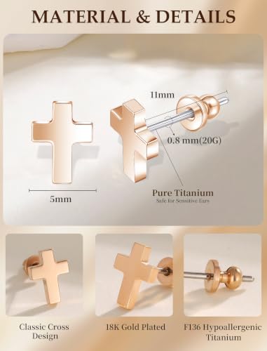 Limerencia Titanium Stud Earrings, Cross Earrings for Sensitive Ears - color: Rose Gold +Butterfly Back