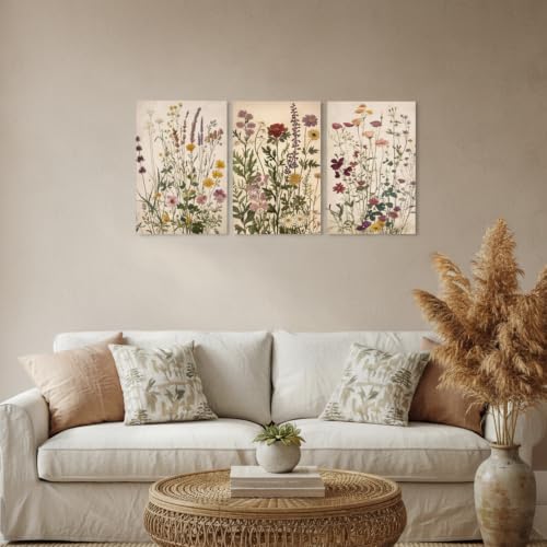 Vintage Floral Wall Art Set of 3, Nature Wildflower Canvas Wall Decor Colorful Botanical Prints Pictures Artwork for Bedroom Living Room Office 16x24 Inch Framed - color: Retro Wildflowers, size: 24L"x16W"