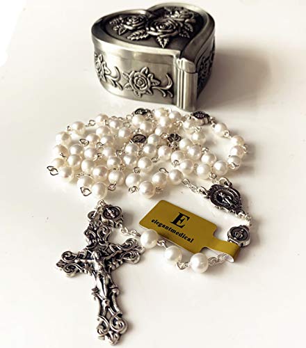 elegantmedical Handmade AAA6MM White Real Pearl Beads Catholic Our Lady Grace Rosary Cross Necklace Box case Womens Girls Gifts - color: White